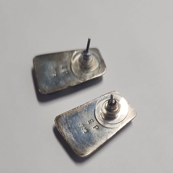 Geometric Stone Inlay Earrings Sterling Silver 925 Signed EP 925 - Picture 3 of 4